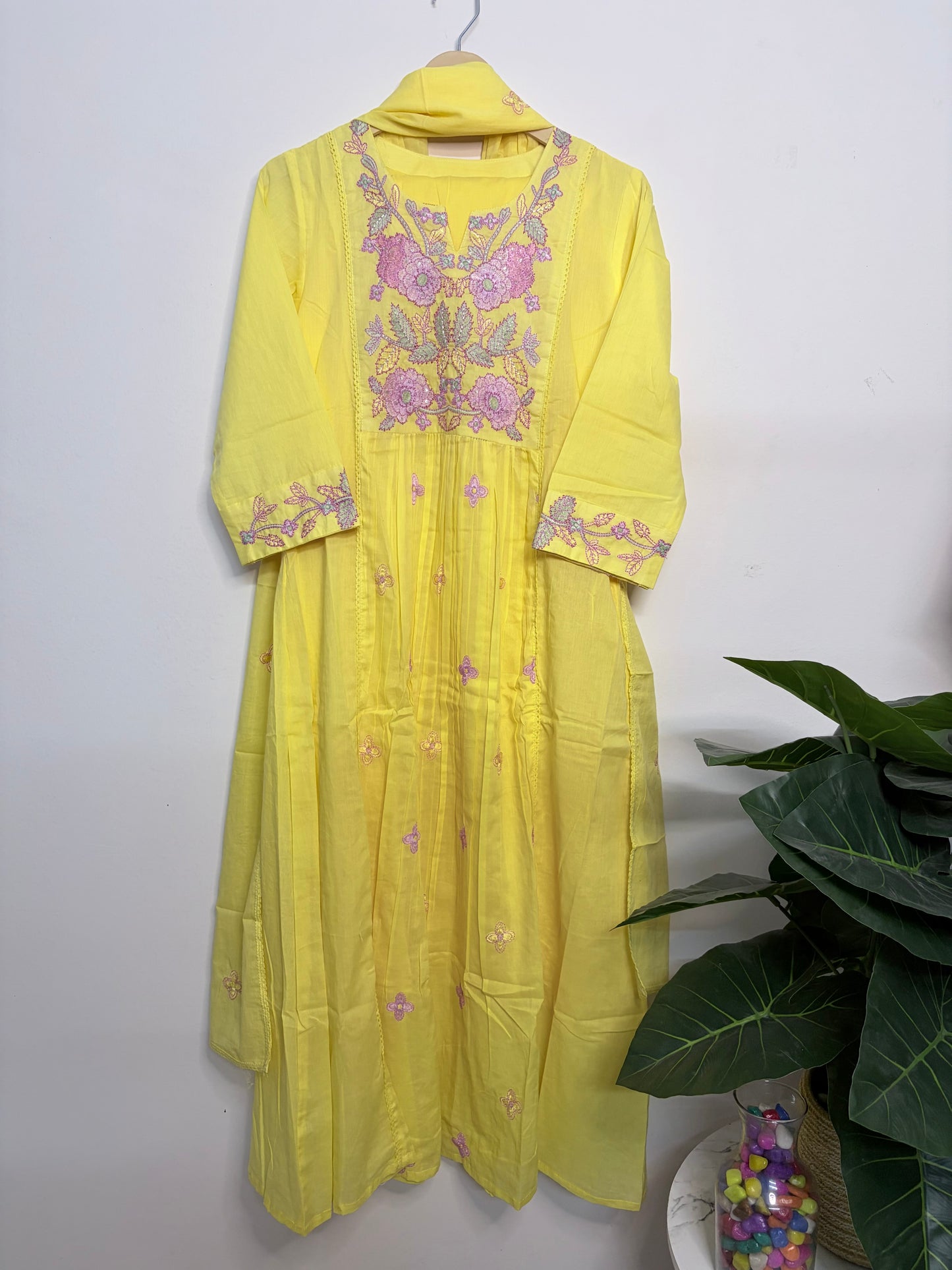 T101- Premium Pure Mul Cotton A-line kurti with pant and dupatta