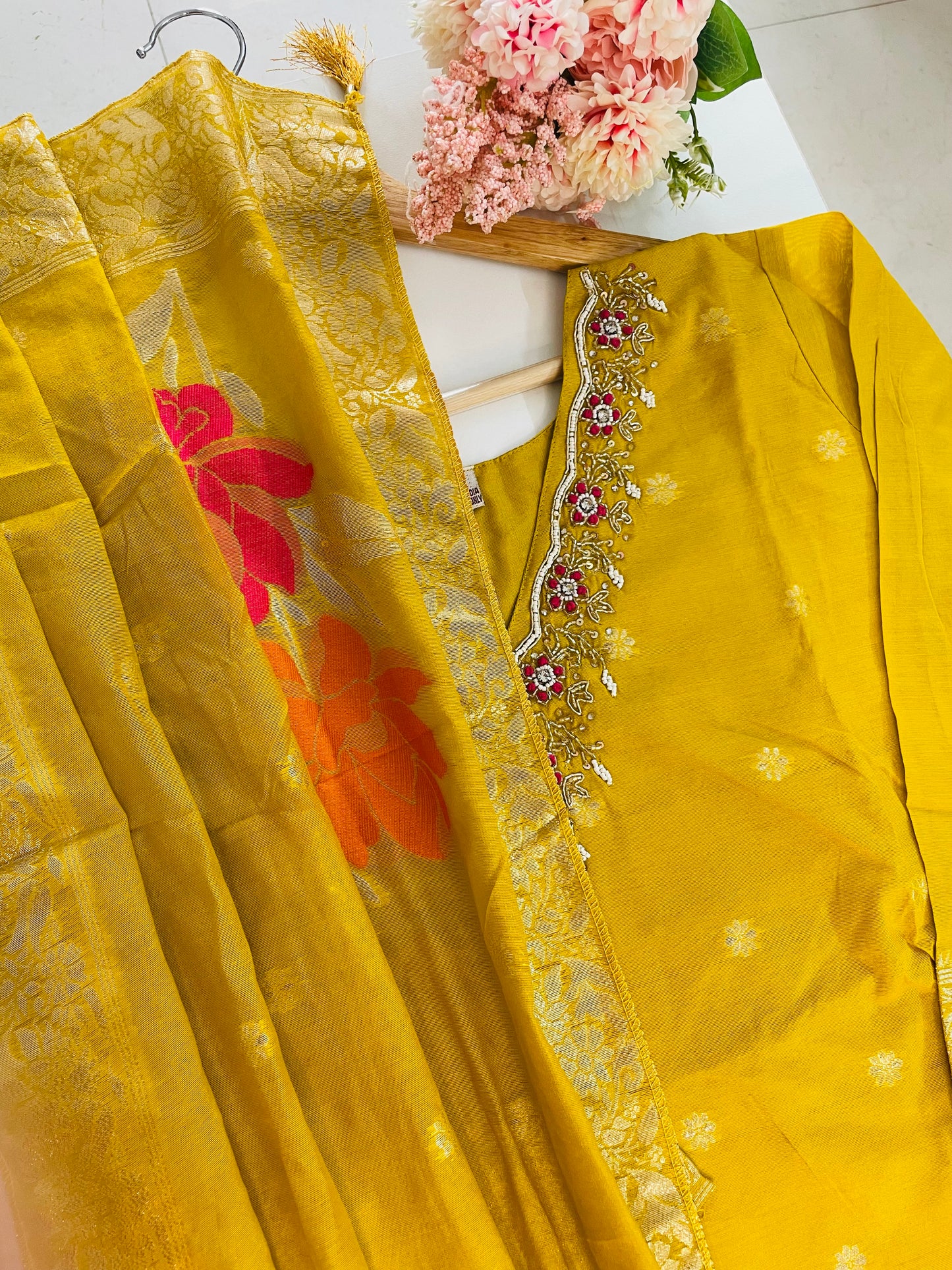 T051-Premium Banarasi Silk kurti with pant and dupatta
