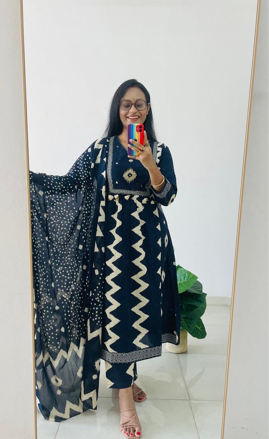 T014-Premium Pure cotton A-line kurti with pant and dupatta