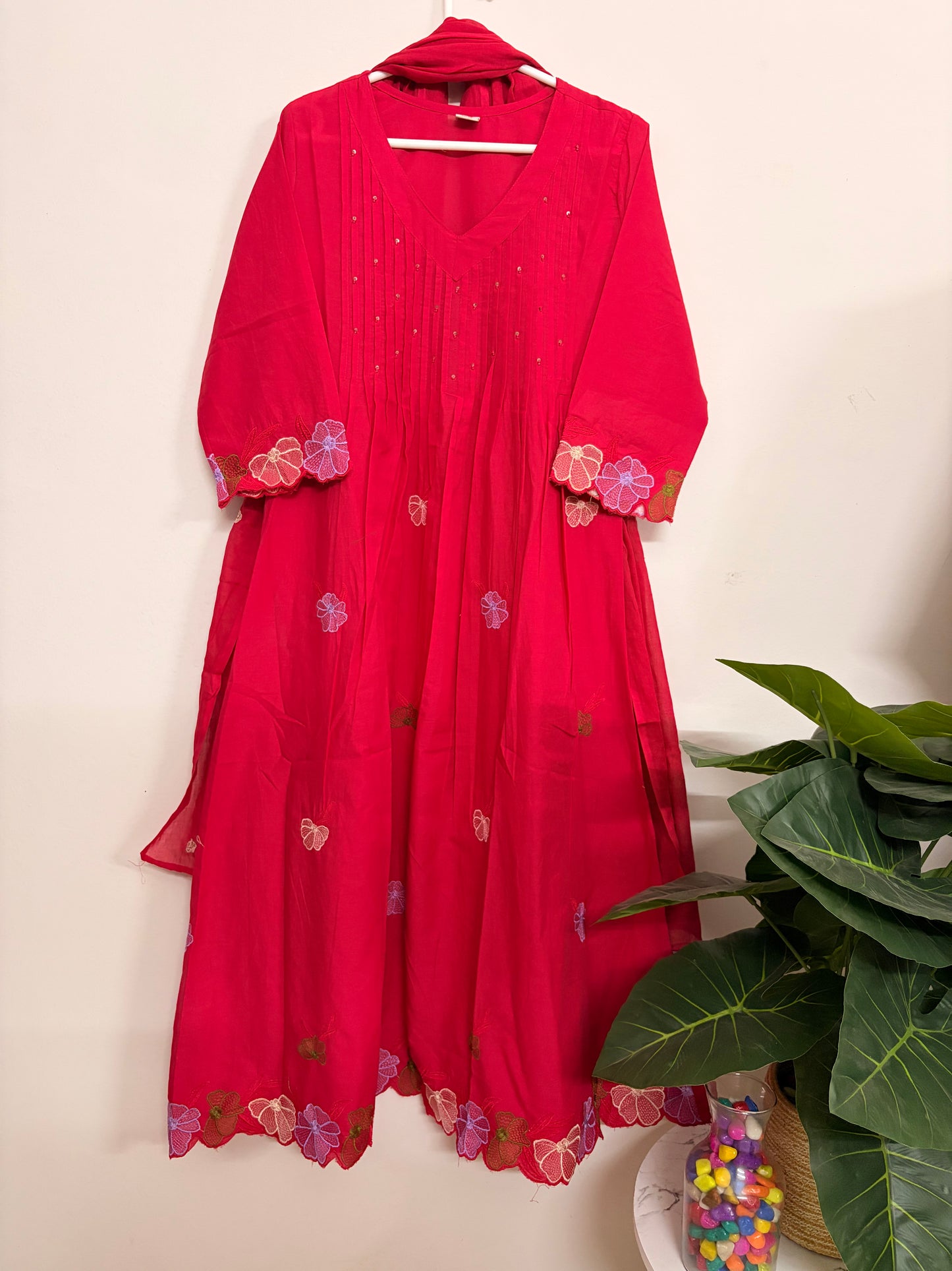 T105- Premium Pure Cotton A-line kurti with pant and dupatta
