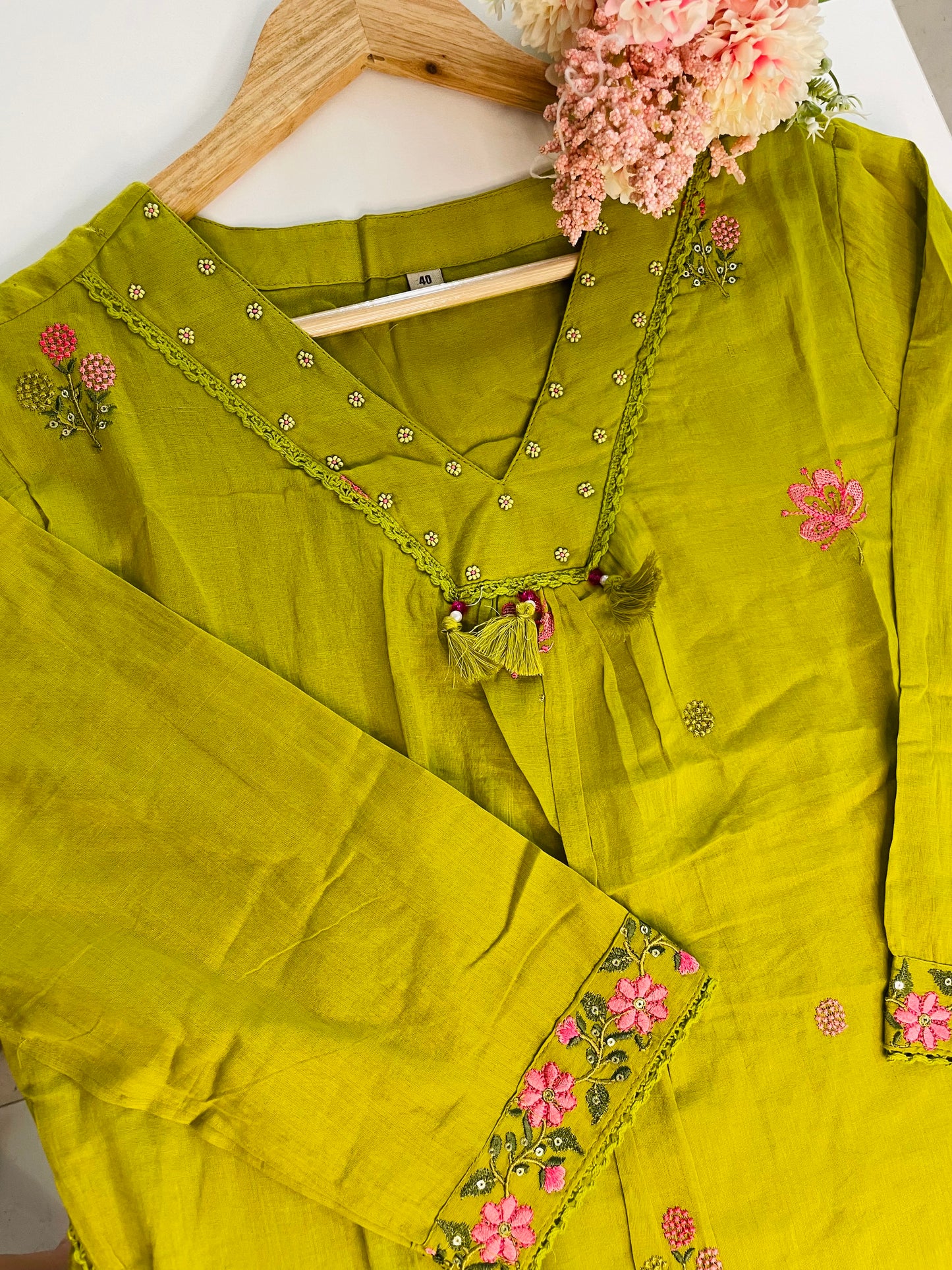 T053-Premium Pure Mul cotton A-line Kurti with pant and dupatta