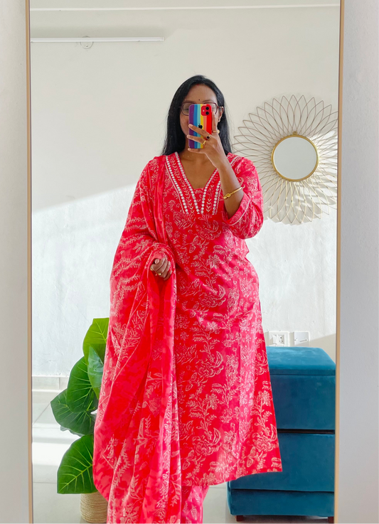 T016-Premium Pure cotton kurti with pant and dupatta