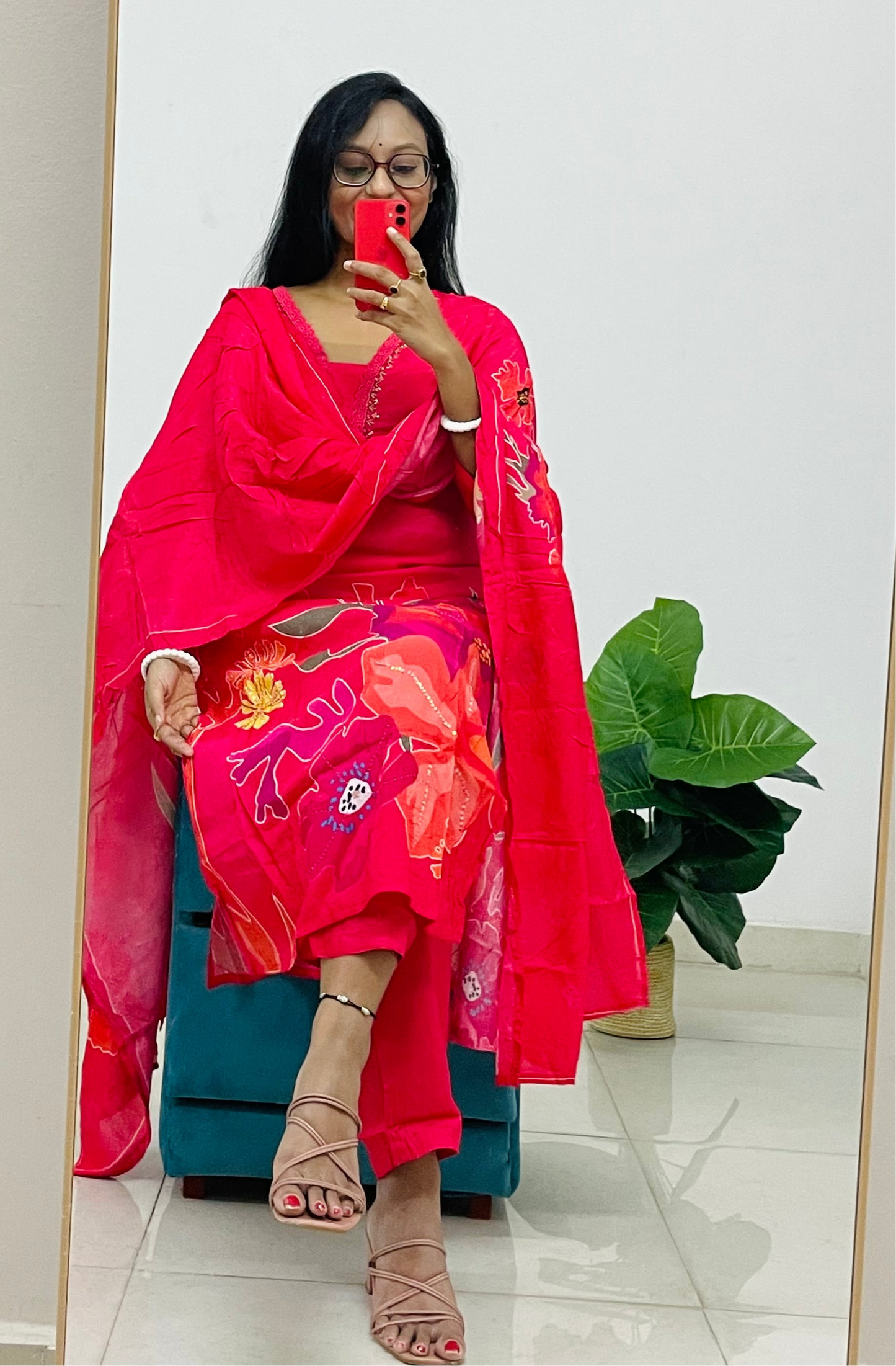 T009- Premium Fuschia pink crepe silk kurta with pant and dupatta