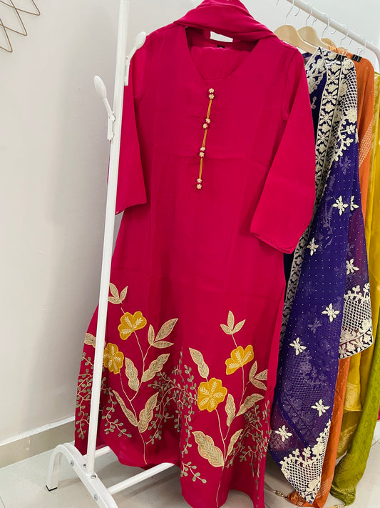 T052-Premium Mul Chanderi A-line Kurti with pant and dupatta