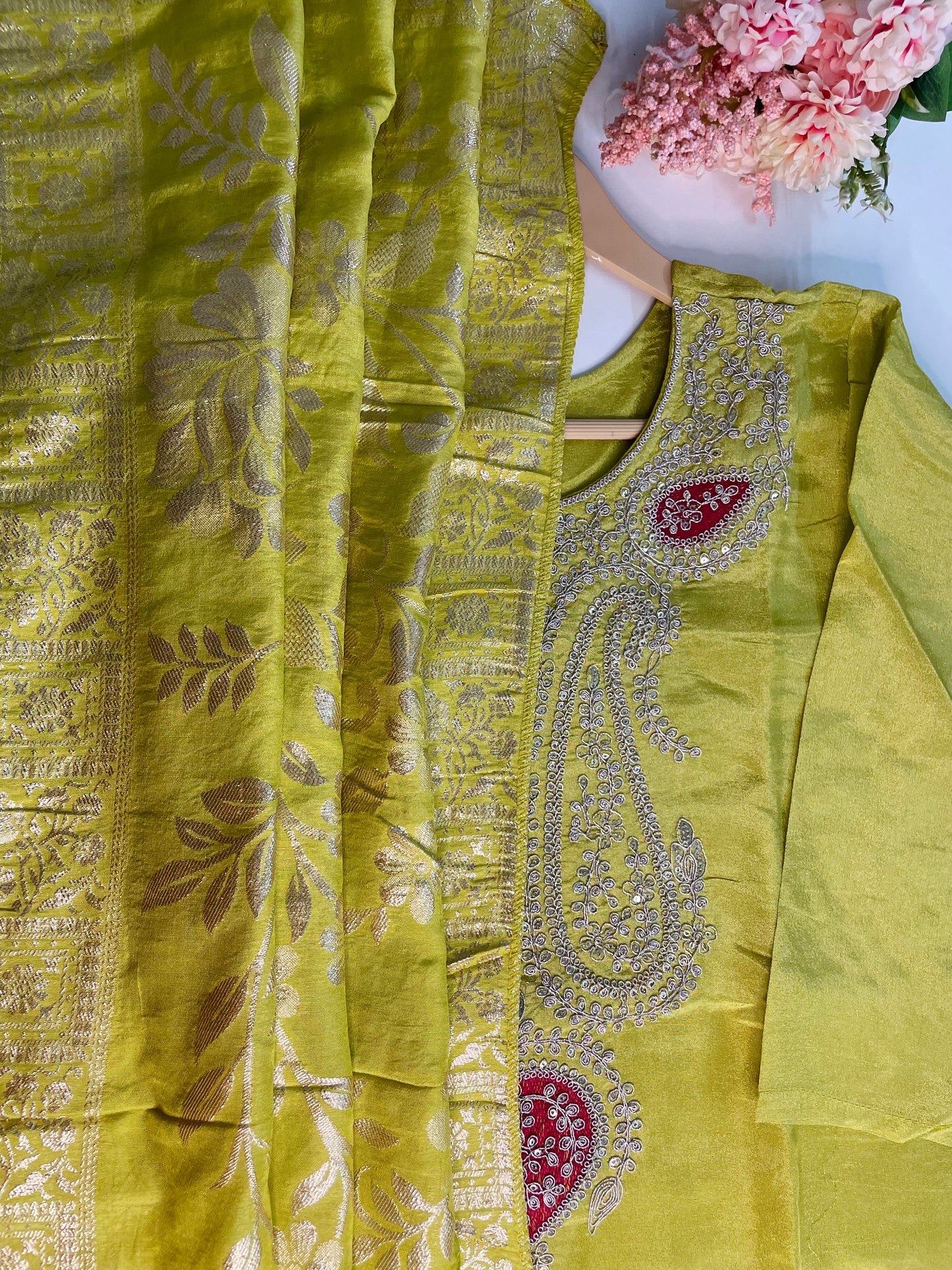 T057-Premium Pure Tissue Shimmer kurti with pant and dupatta