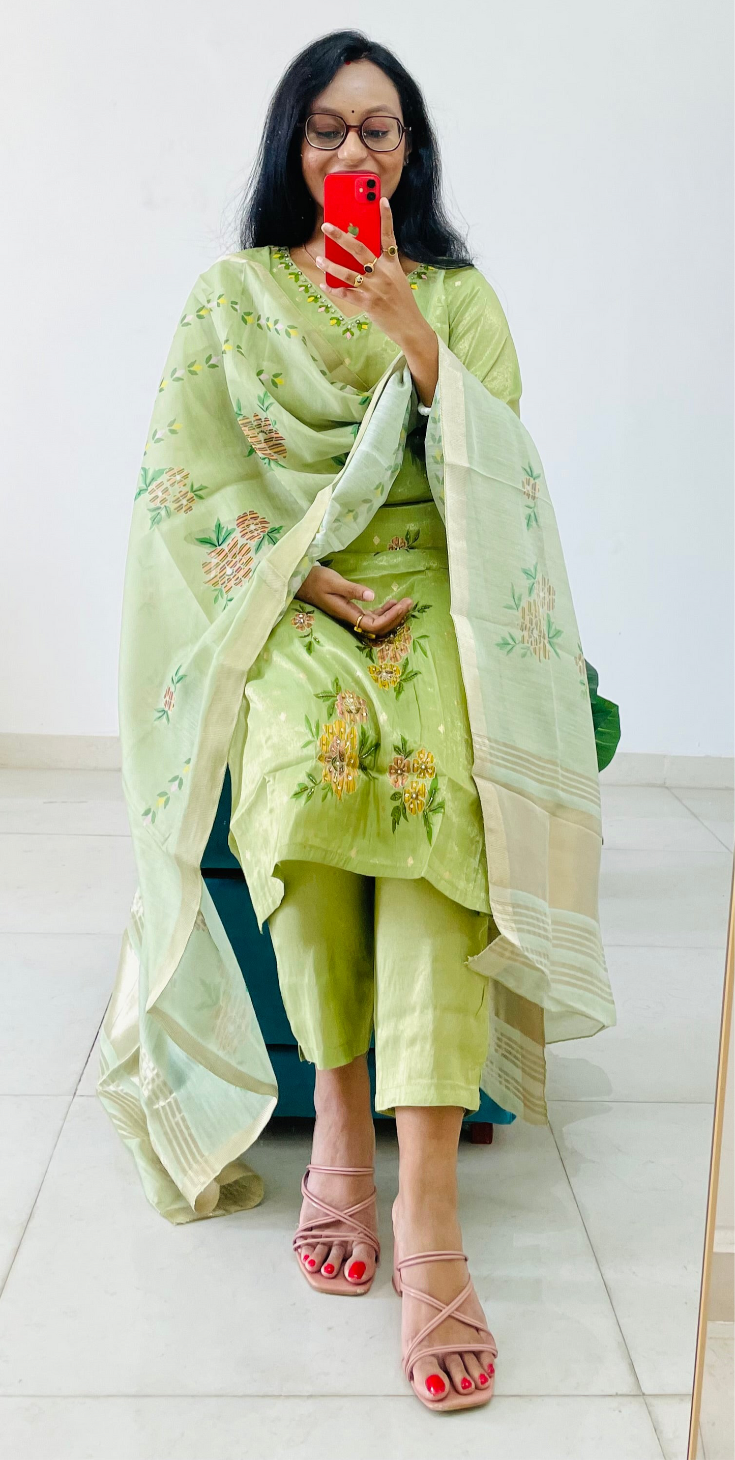 T002- Tissue silk shimmer handwork neckline kurti with pant and dupatta