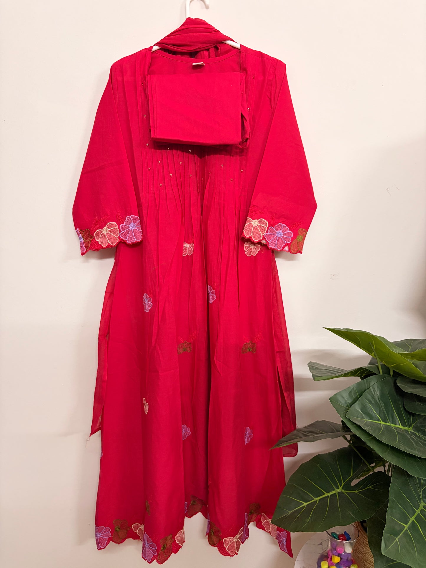 T105- Premium Pure Cotton A-line kurti with pant and dupatta