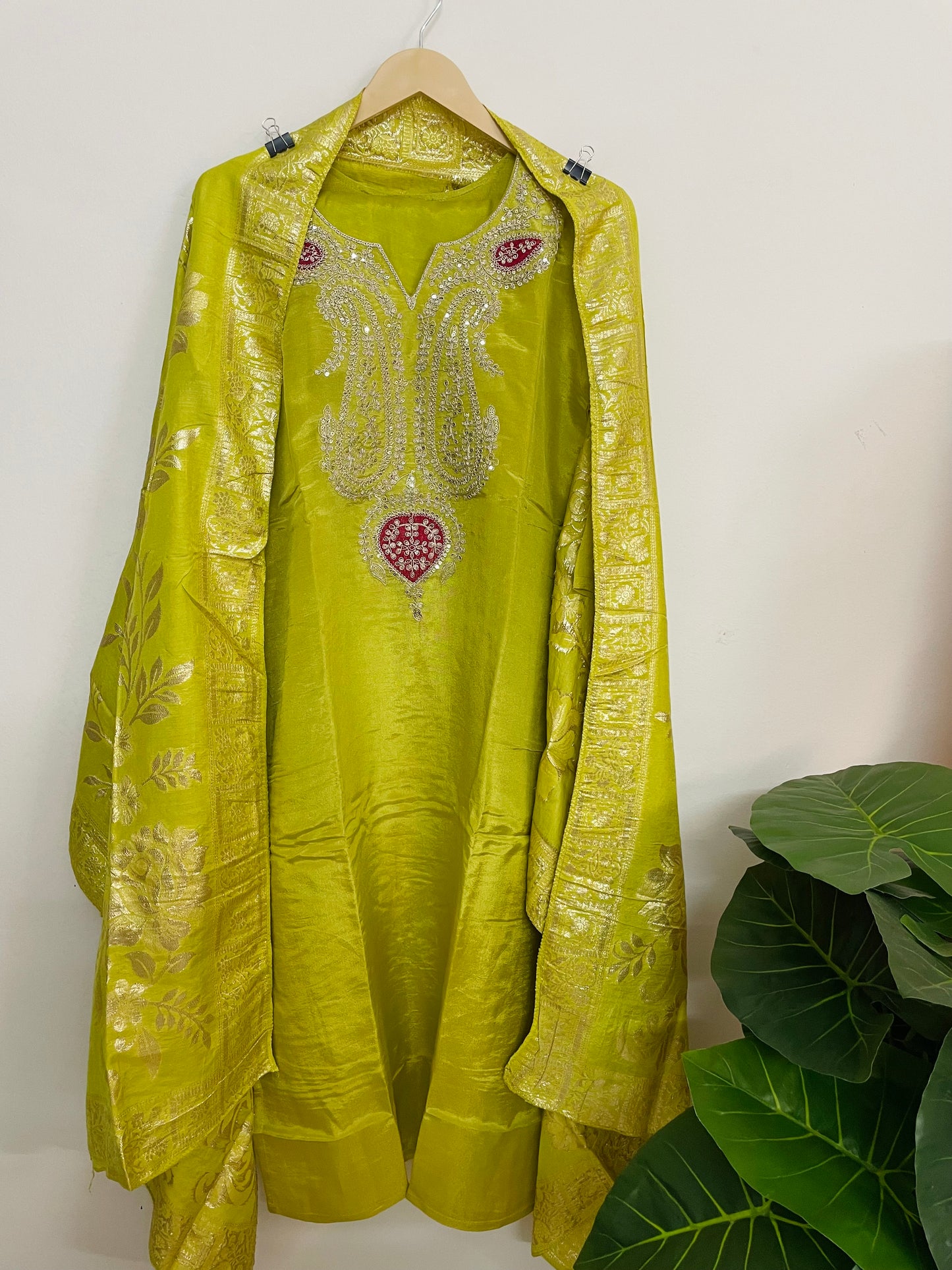 T057-Premium Pure Tissue Shimmer kurti with pant and dupatta