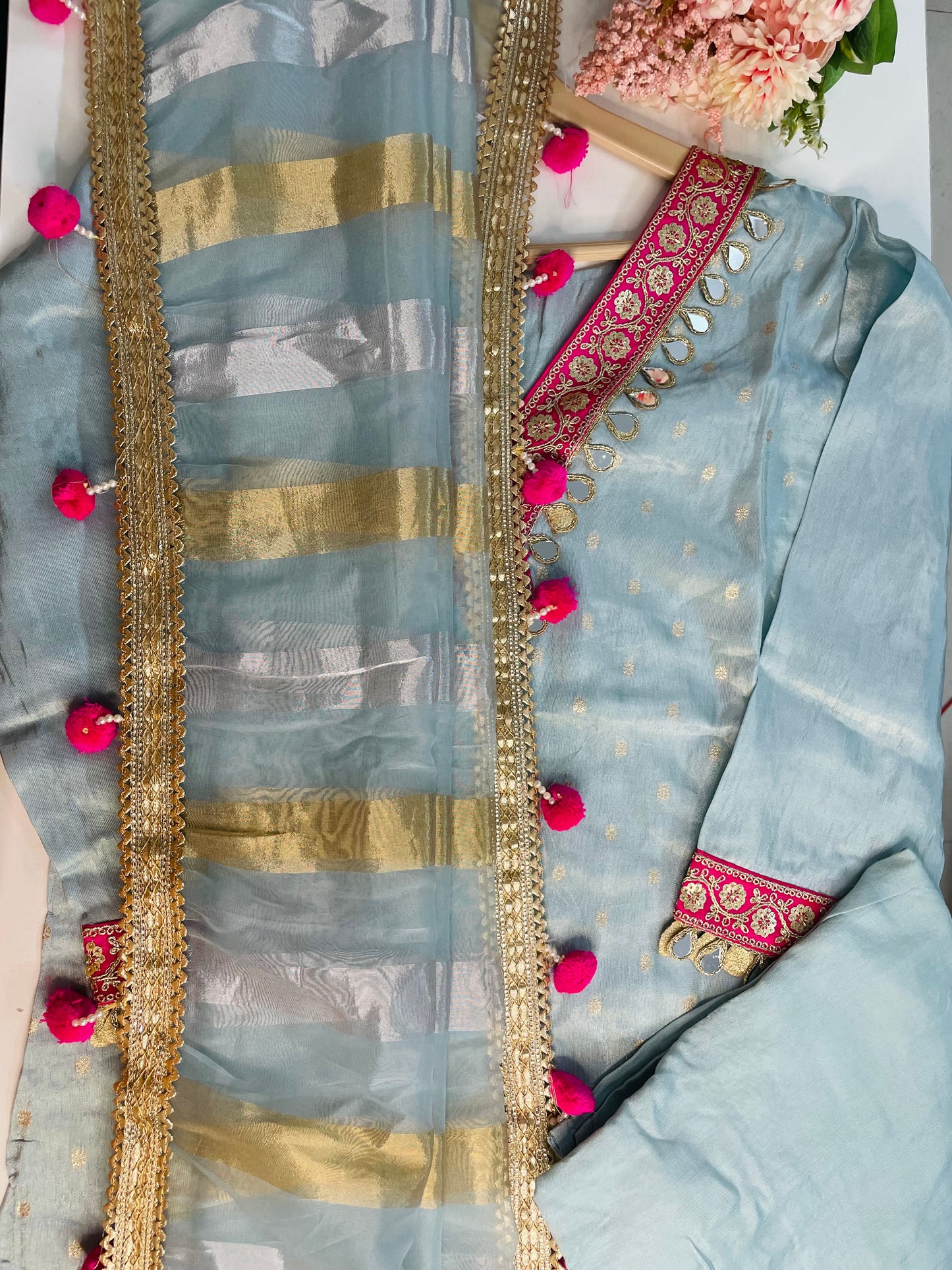 T064-Premium Pure Tissue shimmer kurti with pant and dupatta
