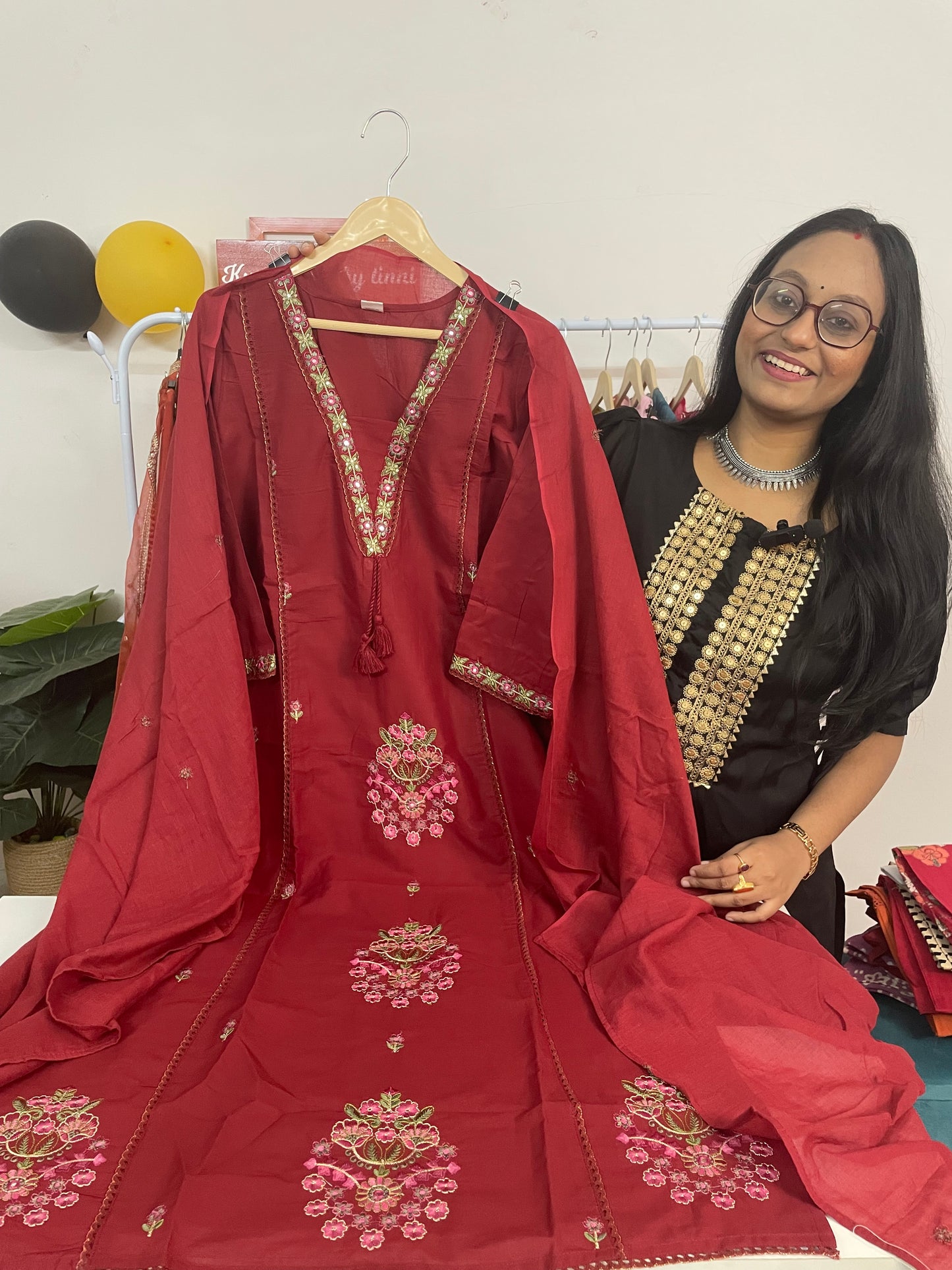T091- Premium Pure Cotton A-line kurti with pant and dupatta