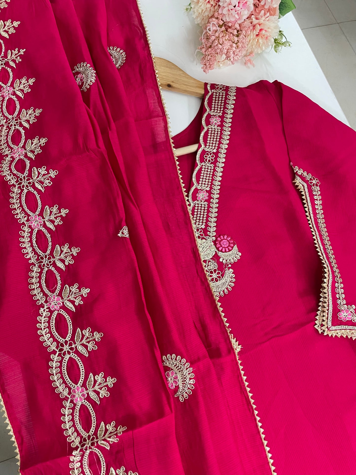 T047-Premium imported soft silk Kurti with pant and dupatta