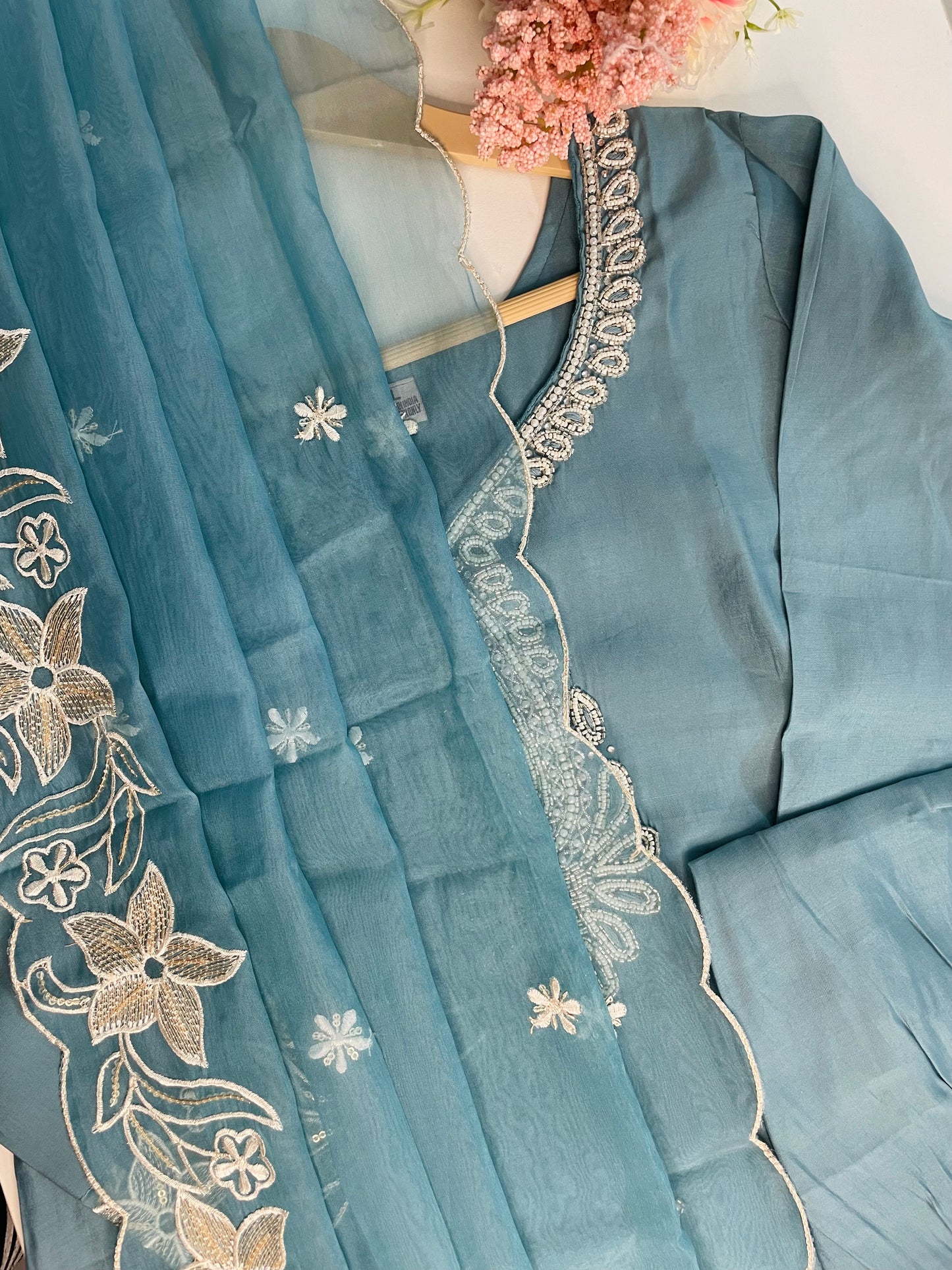 T063-Premium Pure Roman silk kurti with pant and dupatta