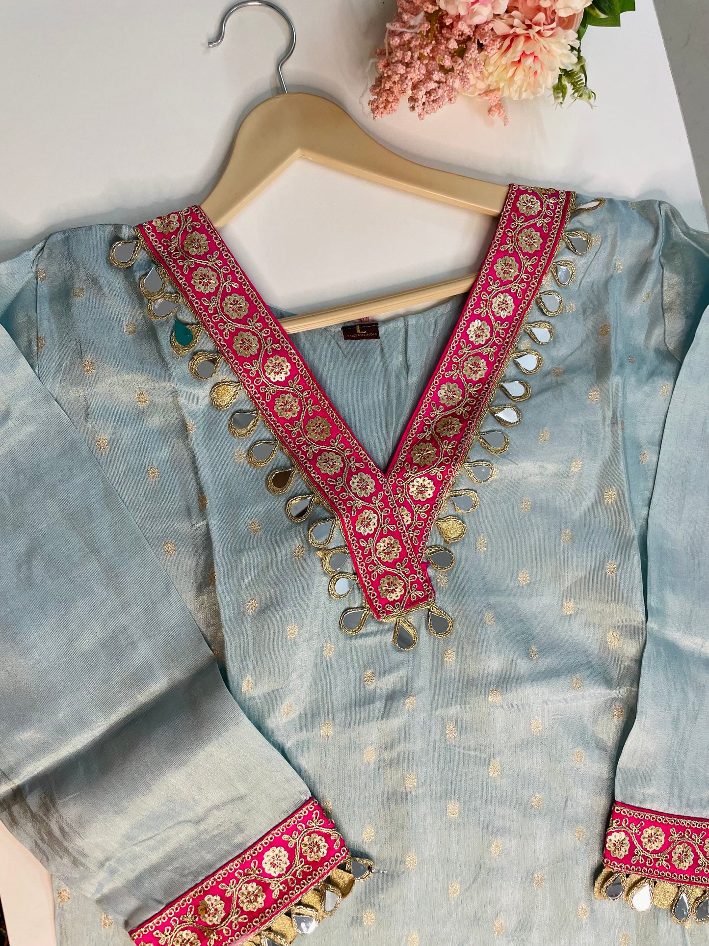 T064-Premium Pure Tissue shimmer kurti with pant and dupatta