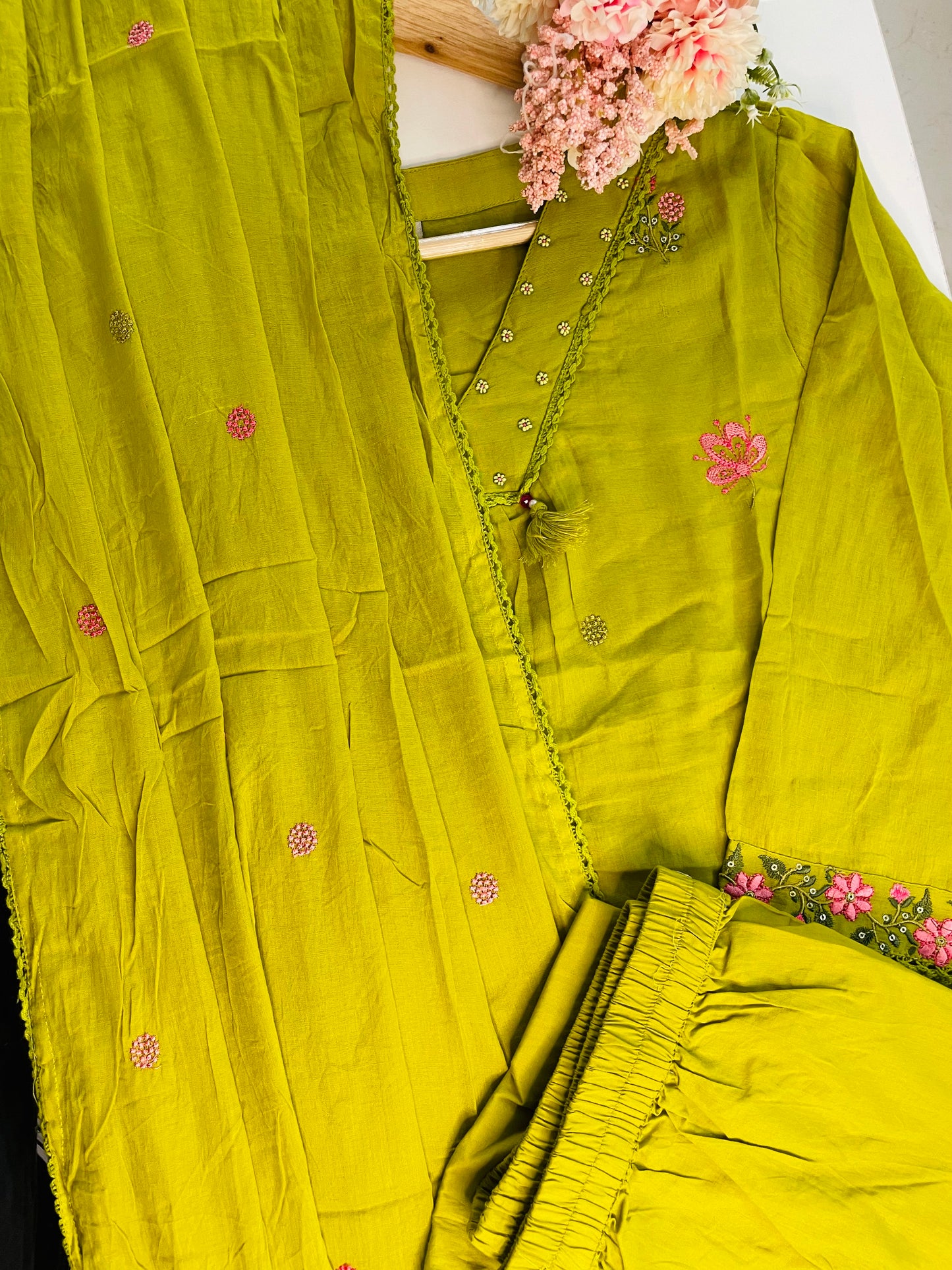 T053-Premium Pure Mul cotton A-line Kurti with pant and dupatta