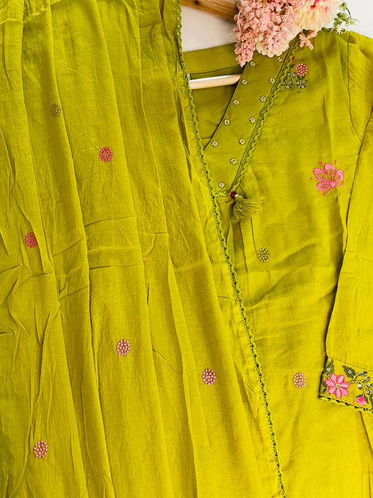T053-Premium Pure Mul cotton A-line Kurti with pant and dupatta