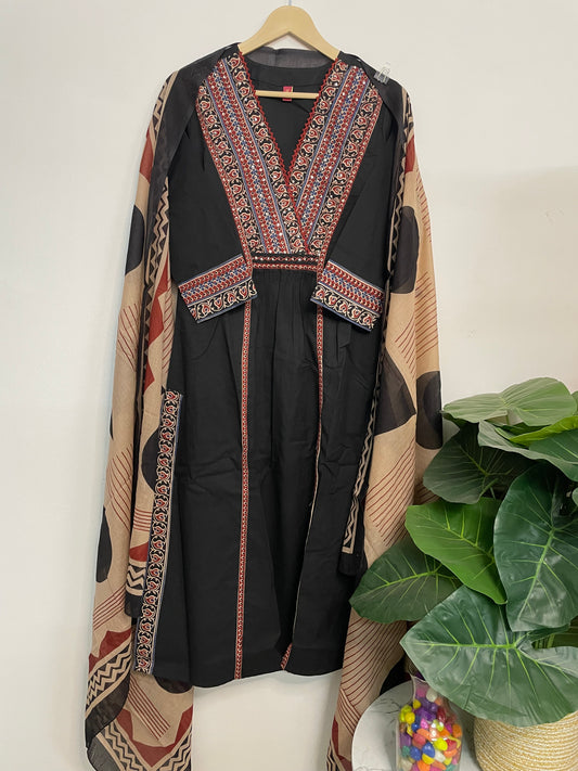 T082- Premium Pure Cotton A-line kurti with pant and dupatta