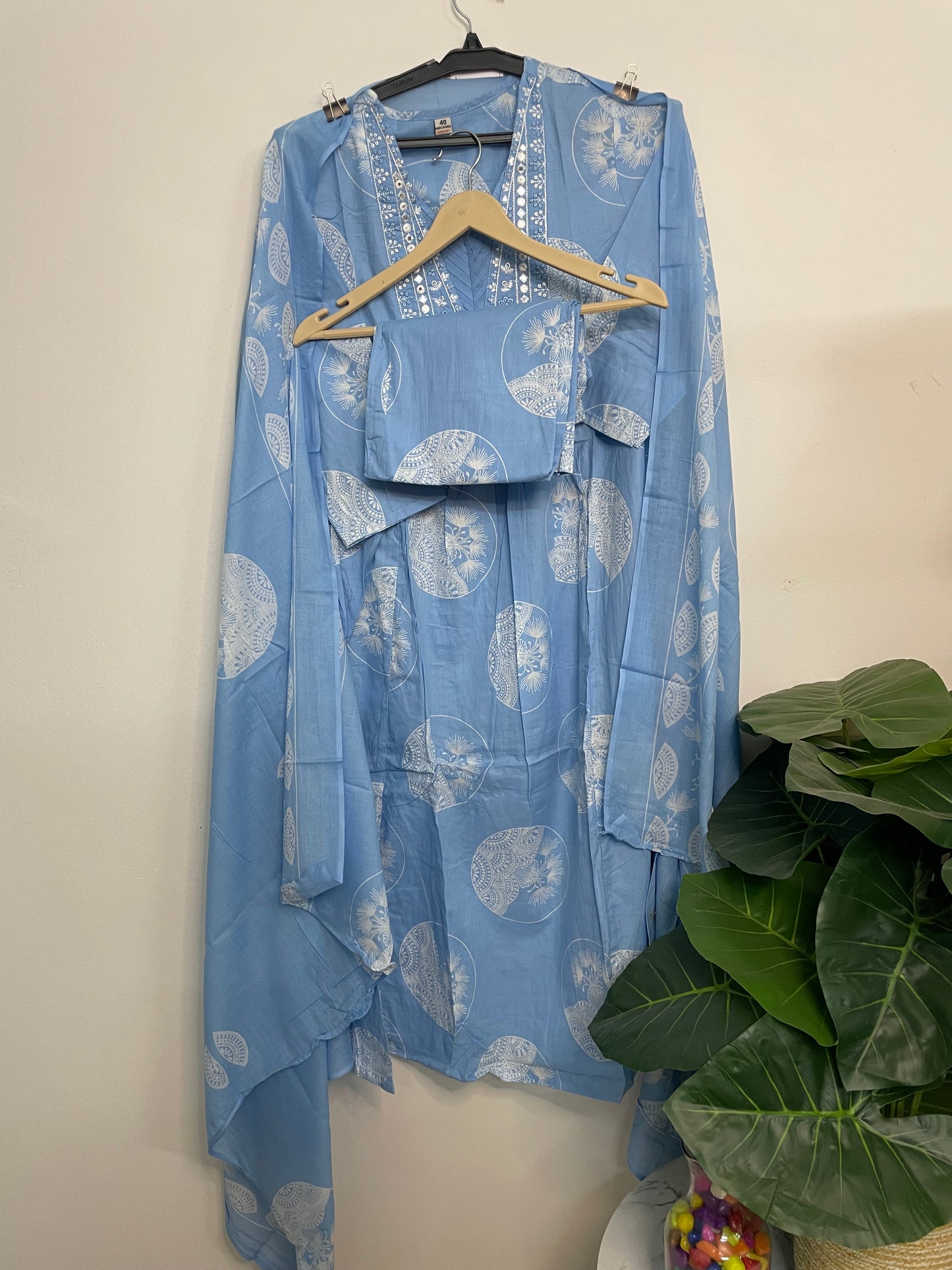 T076- Premium Pure Cotton A-line kurti with pant and dupatta